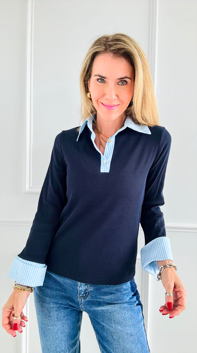 Colorblock Striped Italian Top- Navy-130 Long sleeve top-Italianissimo-Coastal Bloom Boutique, find the trendiest versions of the popular styles and looks Located in Indialantic, FL