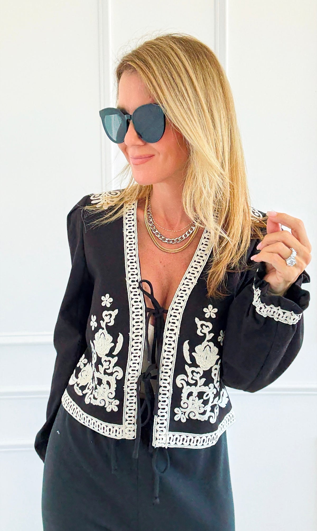 Embroidery Detail Front Tie Long Sleeve Jacket-160 Jackets-Blu Pepper-Coastal Bloom Boutique, find the trendiest versions of the popular styles and looks Located in Indialantic, FL