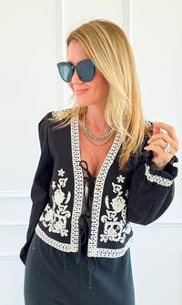 Embroidery Detail Front Tie Long Sleeve Jacket-160 Jackets-Blu Pepper-Coastal Bloom Boutique, find the trendiest versions of the popular styles and looks Located in Indialantic, FL
