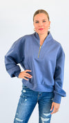 Zip-Up Scuba Long Sleeve Sweatshirt - Denim-110 Short Sleeve Tops-BucketList-Coastal Bloom Boutique, find the trendiest versions of the popular styles and looks Located in Indialantic, FL