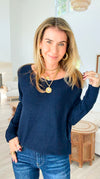 Soho Italian Boatneck Pullover - Navy-140 Sweaters-Italianissimo-Coastal Bloom Boutique, find the trendiest versions of the popular styles and looks Located in Indialantic, FL