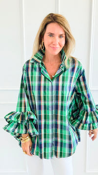 Tartan Ruffle Bell Sleeve Italian Blouse-170 Bottoms-TATTOO Z-Coastal Bloom Boutique, find the trendiest versions of the popular styles and looks Located in Indialantic, FL
