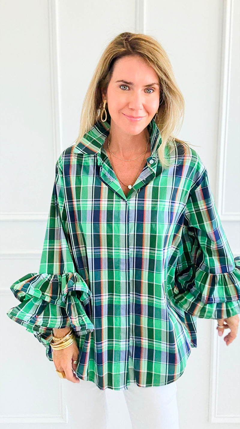 Tartan Ruffle Bell Sleeve Italian Blouse-170 Bottoms-TATTOO Z-Coastal Bloom Boutique, find the trendiest versions of the popular styles and looks Located in Indialantic, FL