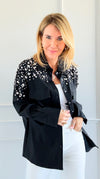 Shimmering Elegance Button-Down Jacket - Black-160 Jackets-SALT-Coastal Bloom Boutique, find the trendiest versions of the popular styles and looks Located in Indialantic, FL