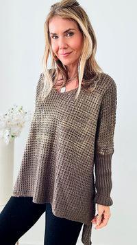 V Neck Gold Foil Sweater - Brown-140 Sweaters-Look Mode-Coastal Bloom Boutique, find the trendiest versions of the popular styles and looks Located in Indialantic, FL