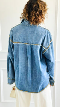 Distressed Pop Denim Top-130 Long Sleeve Tops-Weilco-Coastal Bloom Boutique, find the trendiest versions of the popular styles and looks Located in Indialantic, FL