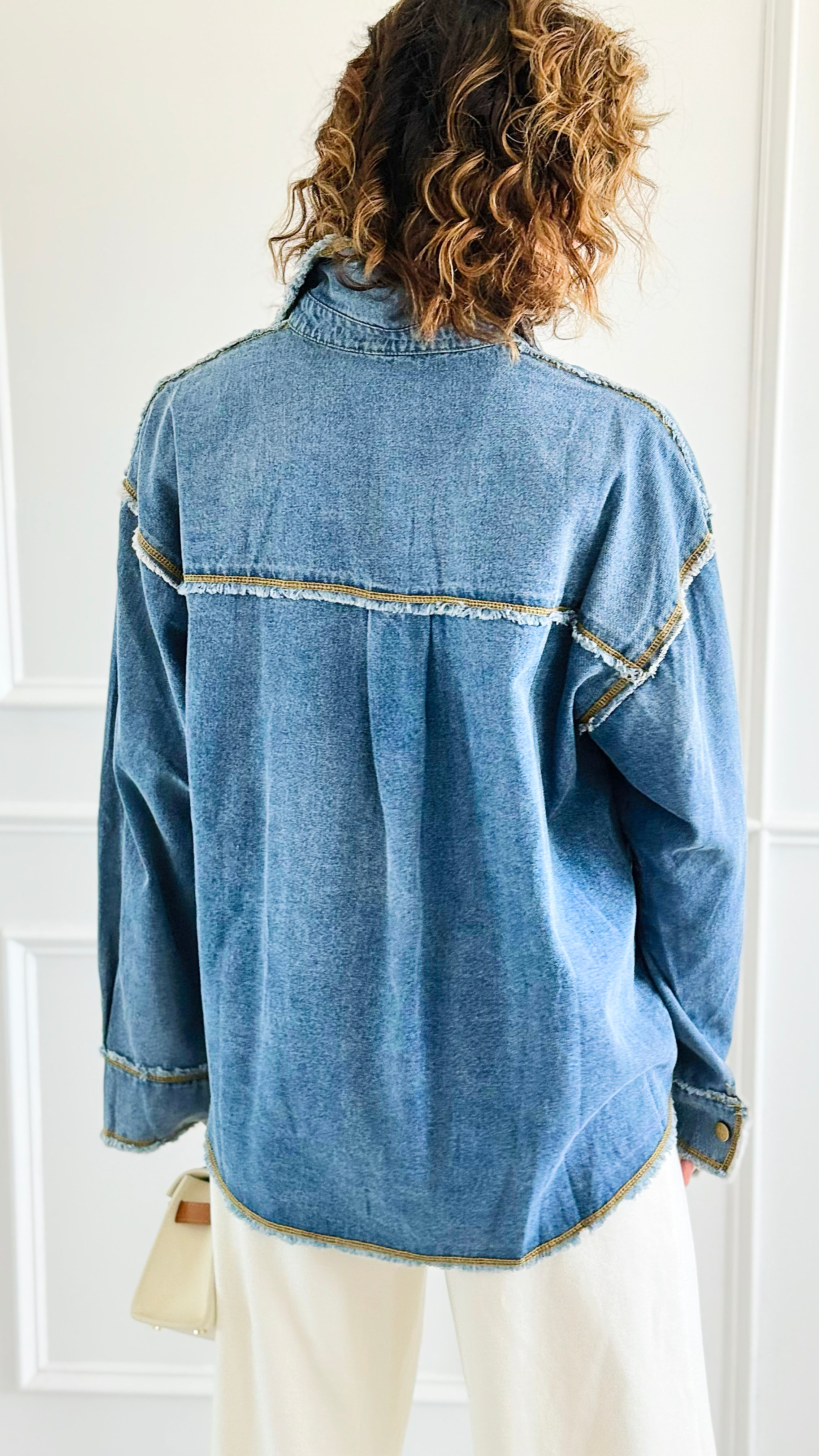 Distressed Pop Denim Top-130 Long Sleeve Tops-Weilco-Coastal Bloom Boutique, find the trendiest versions of the popular styles and looks Located in Indialantic, FL