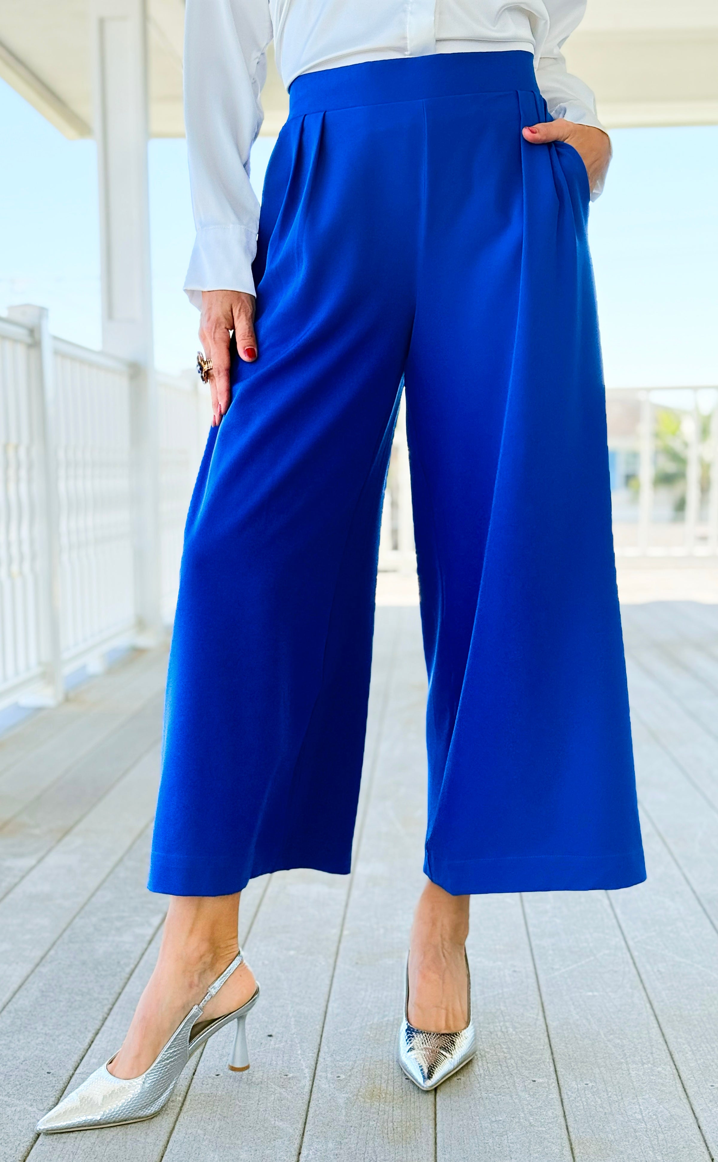 Sleek Pleated Cropped Pants - Saphire-170 Bottoms-Umgee-Coastal Bloom Boutique, find the trendiest versions of the popular styles and looks Located in Indialantic, FL
