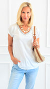 Shimmer Trim V-Neck Italian Top- White-110 short Sleeve Top-SARL LACOMY-Coastal Bloom Boutique, find the trendiest versions of the popular styles and looks Located in Indialantic, FL