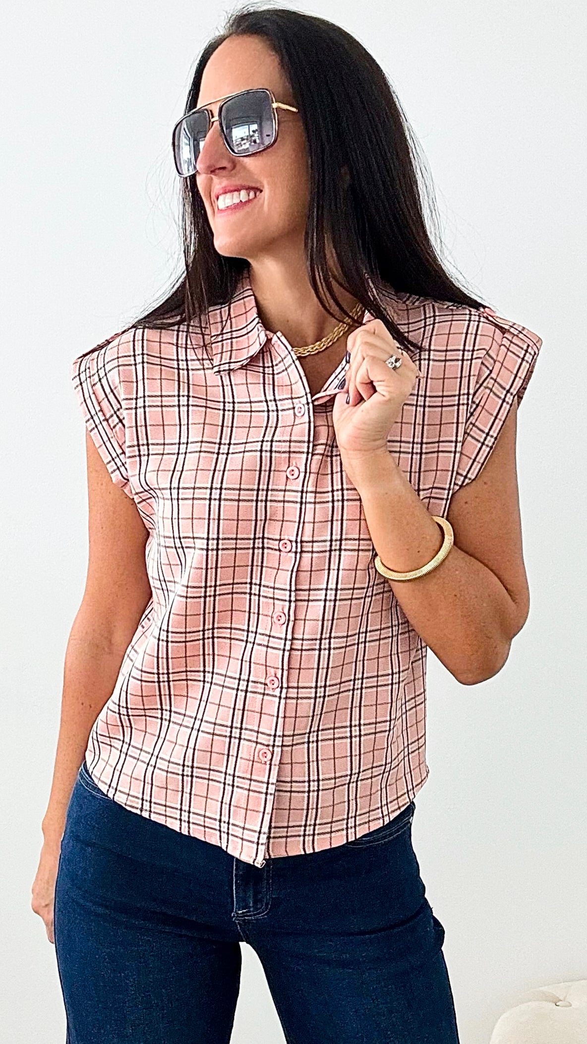 Plaid Cuffed Sleeve Shirt Top - Blush-110 Short Sleeve Tops-ShopIrisBasic-Coastal Bloom Boutique, find the trendiest versions of the popular styles and looks Located in Indialantic, FL