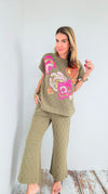 Sequins Quilted Short Sleeve Set - Olive-210 Loungewear/Sets-See and Be Seen-Coastal Bloom Boutique, find the trendiest versions of the popular styles and looks Located in Indialantic, FL