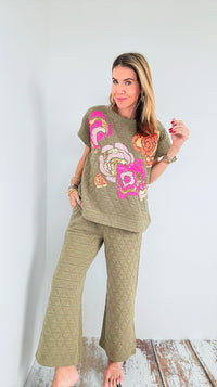 Sequins Quilted Short Sleeve Set - Olive-210 Loungewear/Sets-See and Be Seen-Coastal Bloom Boutique, find the trendiest versions of the popular styles and looks Located in Indialantic, FL