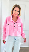 French Terry Buttoned Down Top - Pink-130 Long Sleeve Tops-BucketList-Coastal Bloom Boutique, find the trendiest versions of the popular styles and looks Located in Indialantic, FL