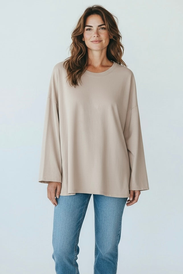 Italian French Terry Wide Crew Top-Beige-110 Long Sleeve Tops-FATTURA ACCOMPAGNATORIA-Coastal Bloom Boutique, find the trendiest versions of the popular styles and looks Located in Indialantic, FL