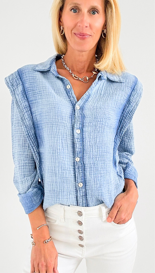 Cloud Comfort Button Down Top - Denim Blue
