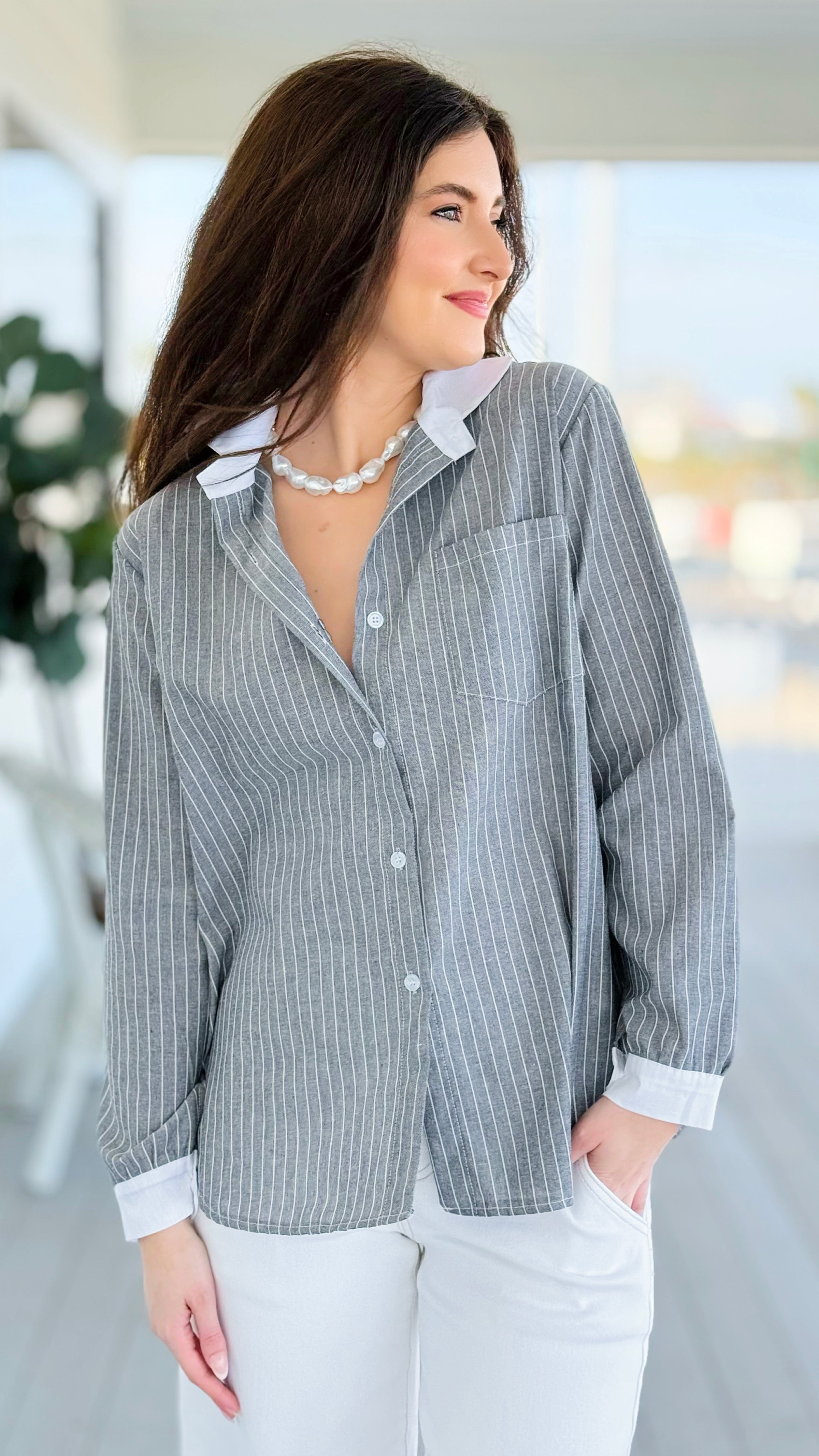 Perfectly Striped Italian Button Top- Gray/White