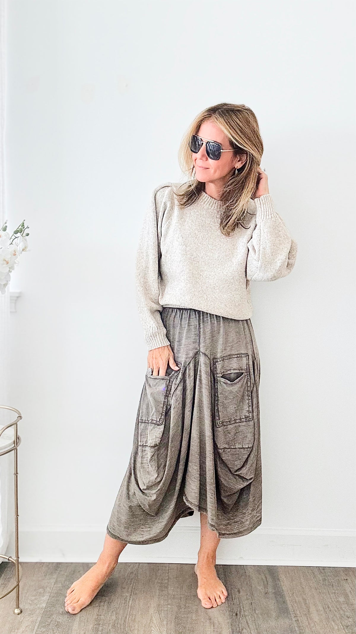 Buffy Cotton Pocketed Italian Skirt- Taupe/Gray-170 Bottoms-Tempo-Coastal Bloom Boutique, find the trendiest versions of the popular styles and looks Located in Indialantic, FL