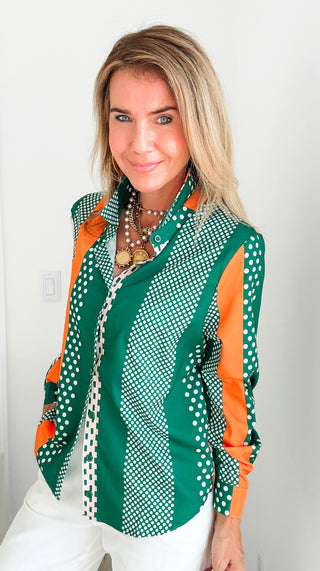 Mixed Dot Stripe Button Blouse Top