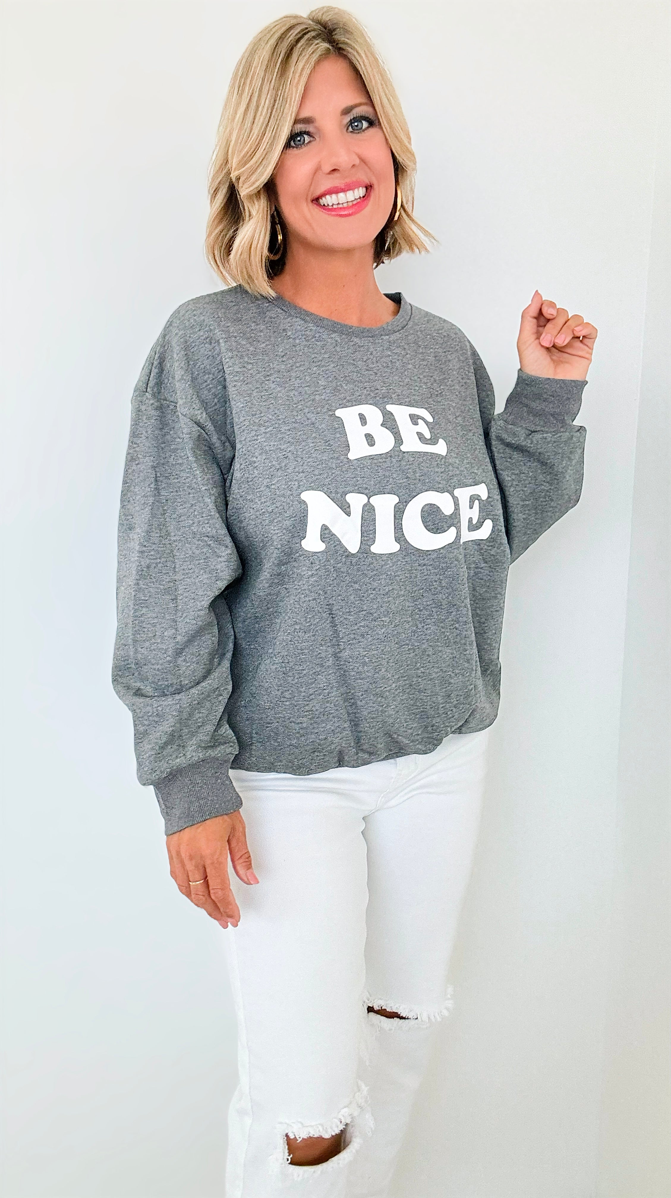 Be Nice Crew Sweatshirt-130 Long Sleeve Tops-ROUSSEAU-Coastal Bloom Boutique, find the trendiest versions of the popular styles and looks Located in Indialantic, FL