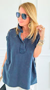 Weekend Ease Washed Collar Top - Navy-110 Short Sleeve Tops-White Birch-Coastal Bloom Boutique, find the trendiest versions of the popular styles and looks Located in Indialantic, FL