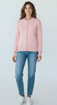 Cable Knit Crew Neck Cardigan- Dusty Pink￼-140 Sweaters-CIELO-Coastal Bloom Boutique, find the trendiest versions of the popular styles and looks Located in Indialantic, FL