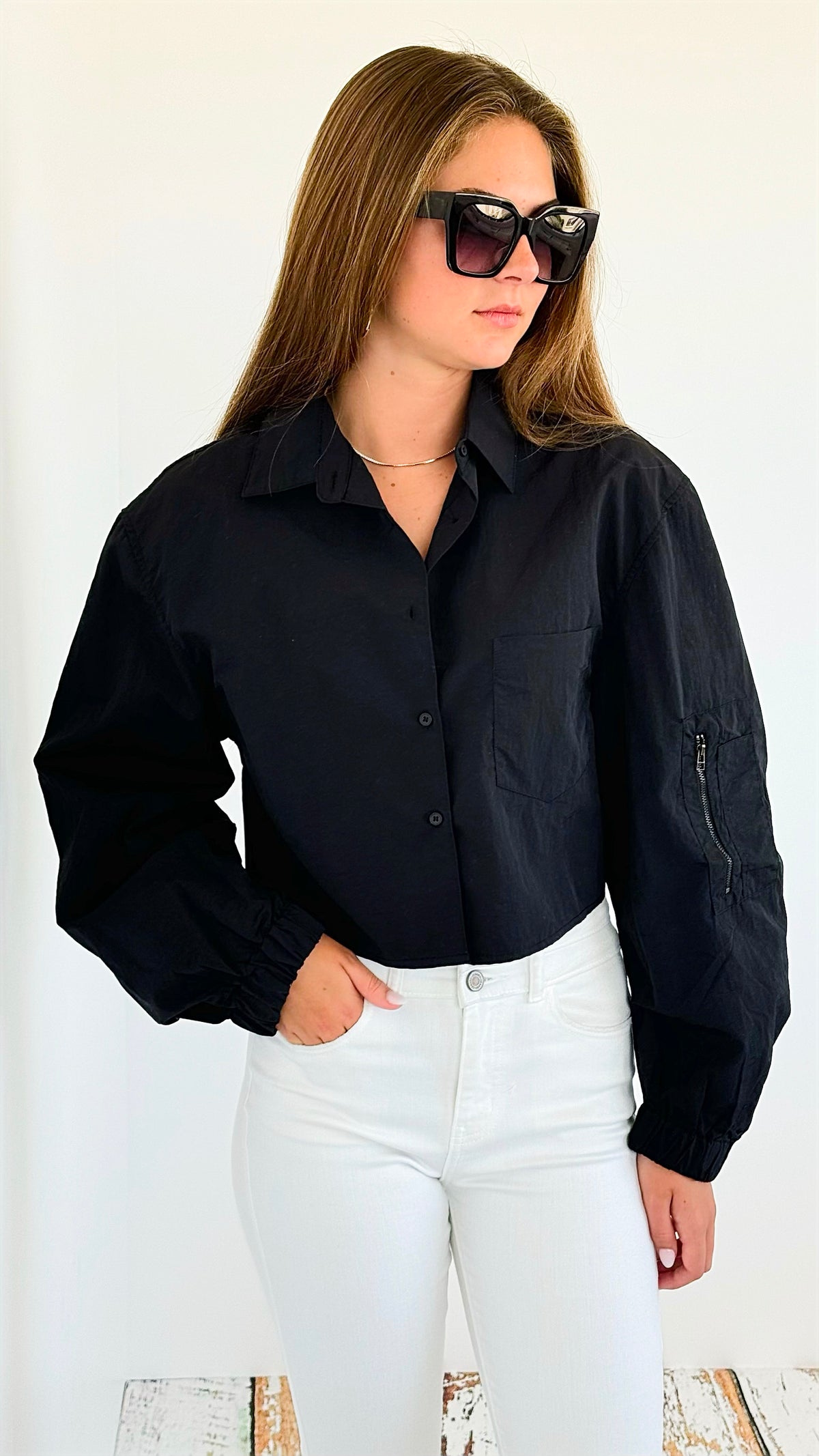 Long Sleeve Cropped Jacket - Black-160 Jackets-ROUSSEAU-Coastal Bloom Boutique, find the trendiest versions of the popular styles and looks Located in Indialantic, FL