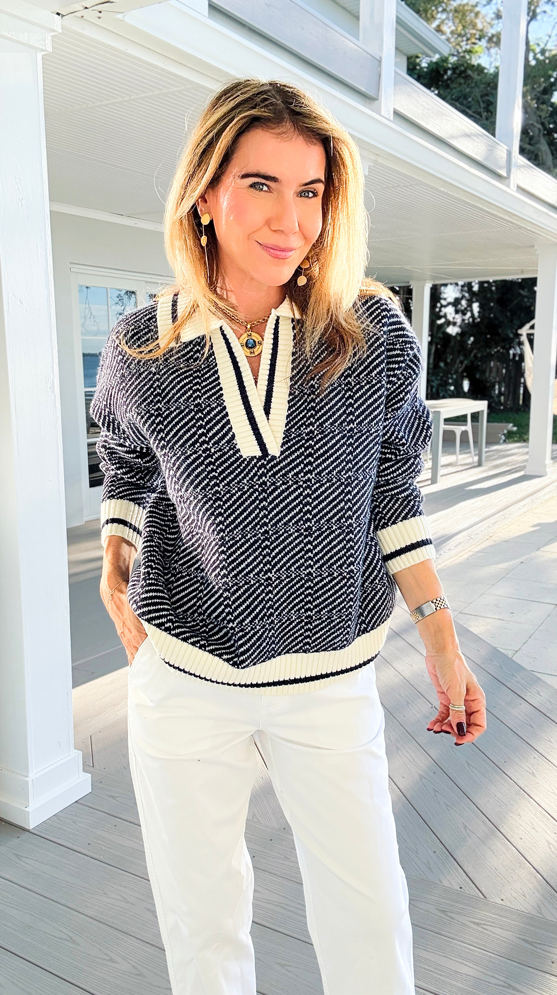 Geometric Stripe Collared Sweater-140 Sweaters-Blu Pepper-Coastal Bloom Boutique, find the trendiest versions of the popular styles and looks Located in Indialantic, FL