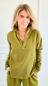 Eileen Cozy Lounge Collar Pullover Top - Camo Green-110 Long Sleeve Tops-MONO B-Coastal Bloom Boutique, find the trendiest versions of the popular styles and looks Located in Indialantic, FL