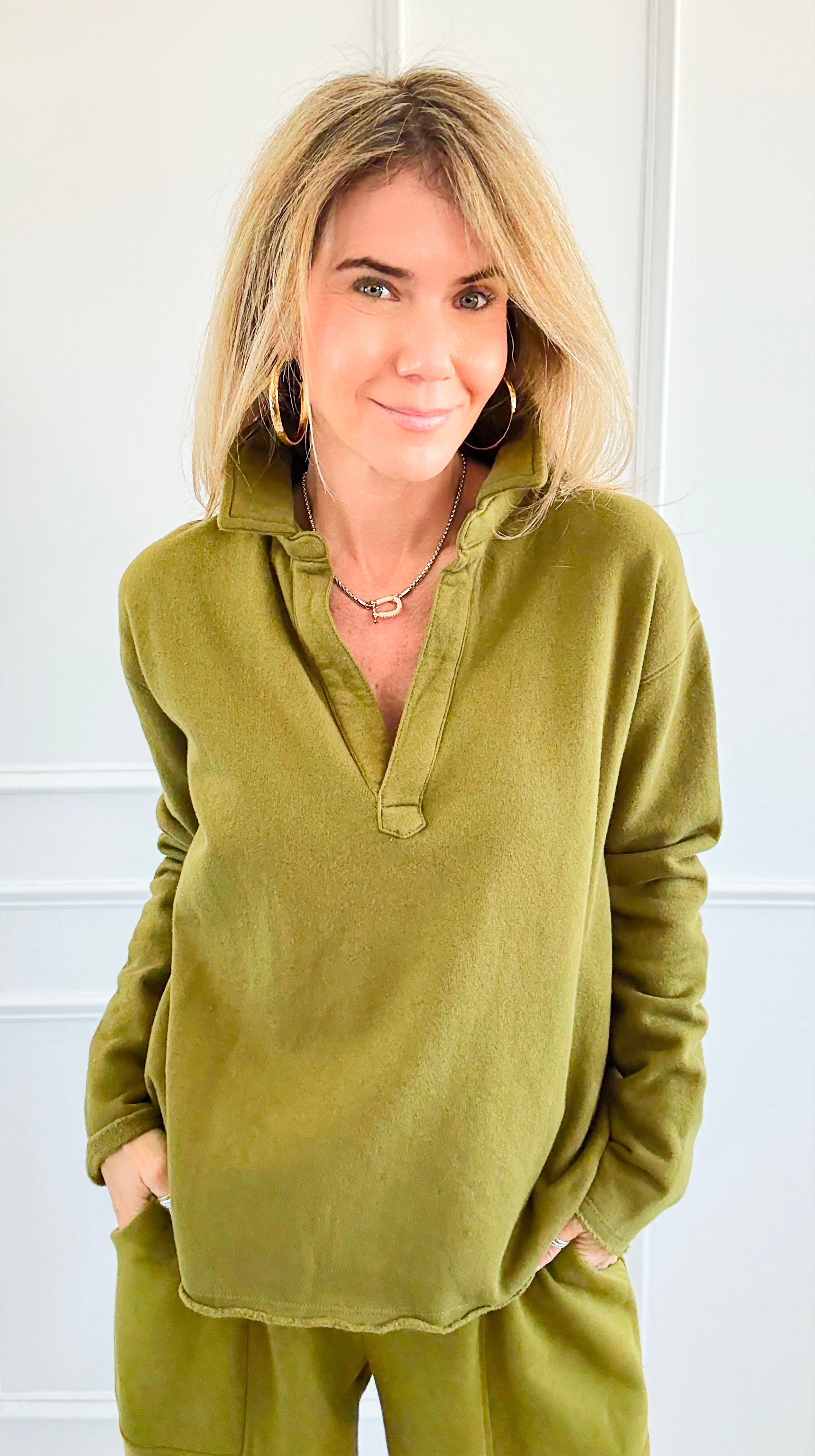 Eileen Cozy Lounge Collar Pullover Top - Camo Green-110 Long Sleeve Tops-MONO B-Coastal Bloom Boutique, find the trendiest versions of the popular styles and looks Located in Indialantic, FL