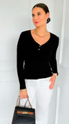 Button Me Up Ribbed Top - Black-130 Long Sleeve Tops-YELETE-Coastal Bloom Boutique, find the trendiest versions of the popular styles and looks Located in Indialantic, FL