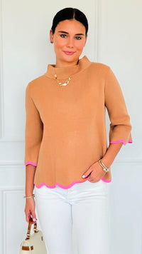 Waves & Whimsy Scallop Sweater - Camel/Pink-140 Sweaters-Fate Inc-Coastal Bloom Boutique, find the trendiest versions of the popular styles and looks Located in Indialantic, FL