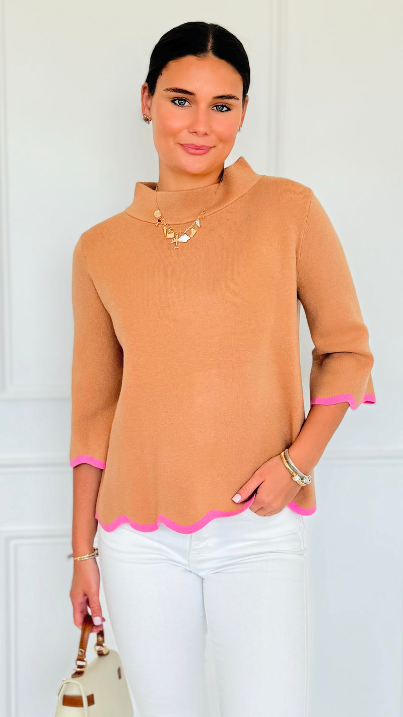 Waves & Whimsy Scallop Sweater - Camel/Pink-140 Sweaters-Fate Inc-Coastal Bloom Boutique, find the trendiest versions of the popular styles and looks Located in Indialantic, FL