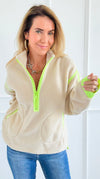 Glow Getter Sherpa Zip Sweatshirt - Oatmeal/Neon Green