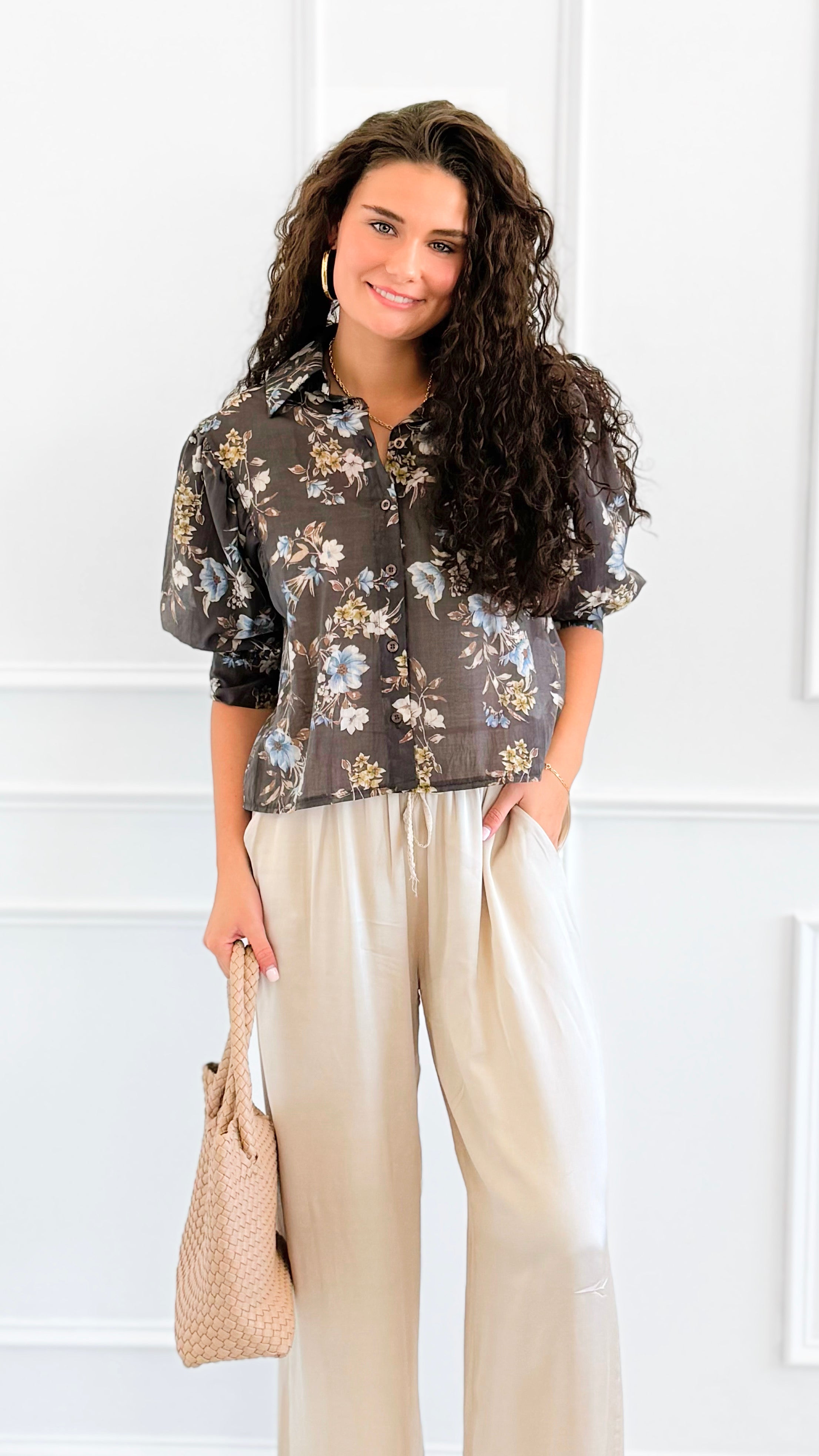 Botanical Romance Puff Sleeve Italian Button Down Top-110 short Sleeve Top-AZUL MONACO-Coastal Bloom Boutique, find the trendiest versions of the popular styles and looks Located in Indialantic, FL