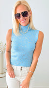 Turtleneck Speckled Italian Tank - Sky Blue /Gold-100 Sleeveless Tops-Italianissimo-Coastal Bloom Boutique, find the trendiest versions of the popular styles and looks Located in Indialantic, FL