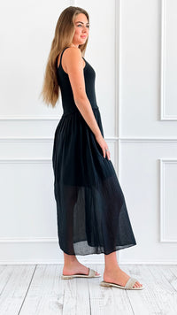 Breezy Stroll Italian Midi Dress- Black-200 Dresses/Jumpsuits/Rompers-Italianissimo-Coastal Bloom Boutique, find the trendiest versions of the popular styles and looks Located in Indialantic, FL