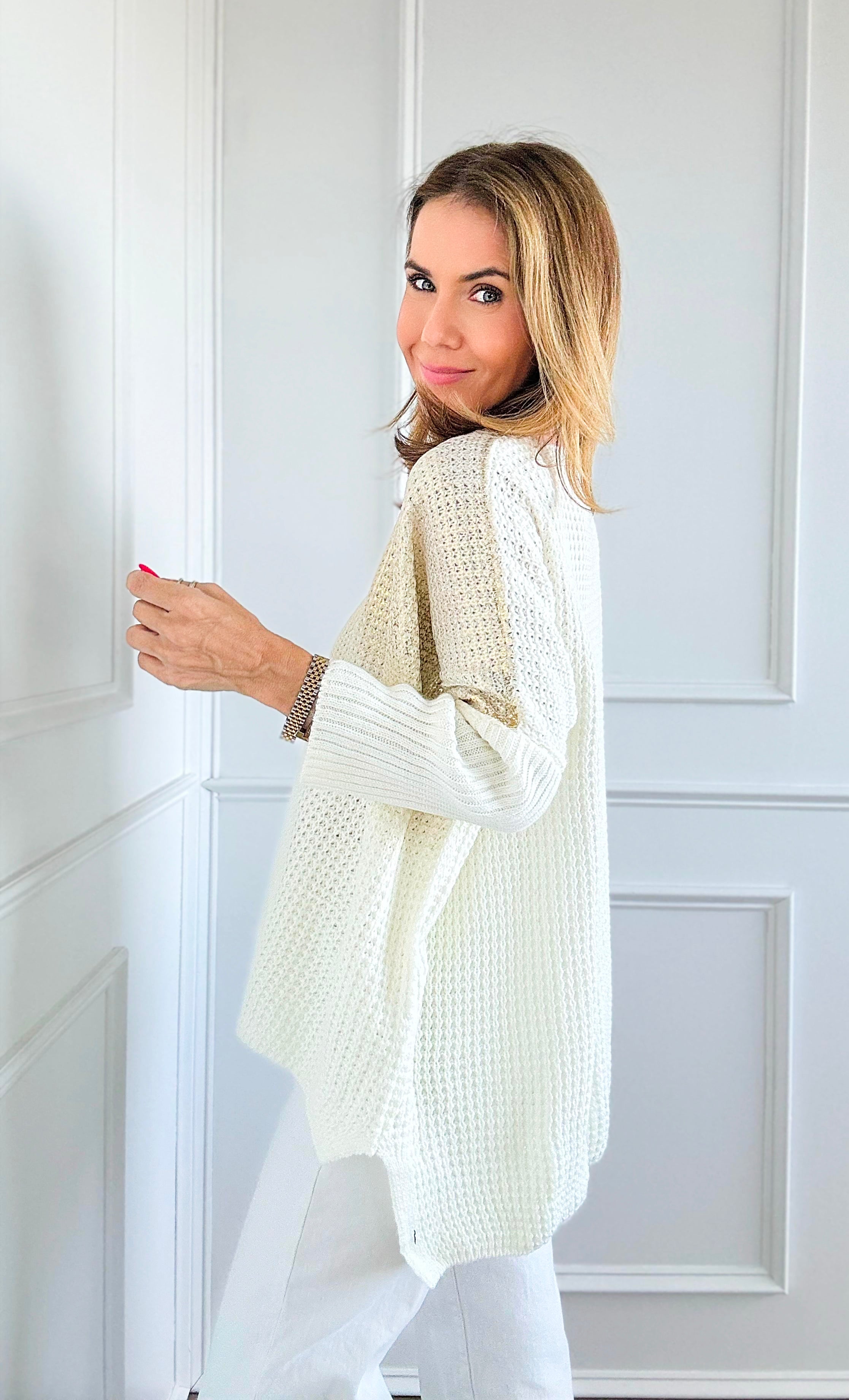 Luminous Italian Sweater- Ivory/Gold-140 Sweaters-Italianissimo-Coastal Bloom Boutique, find the trendiest versions of the popular styles and looks Located in Indialantic, FL