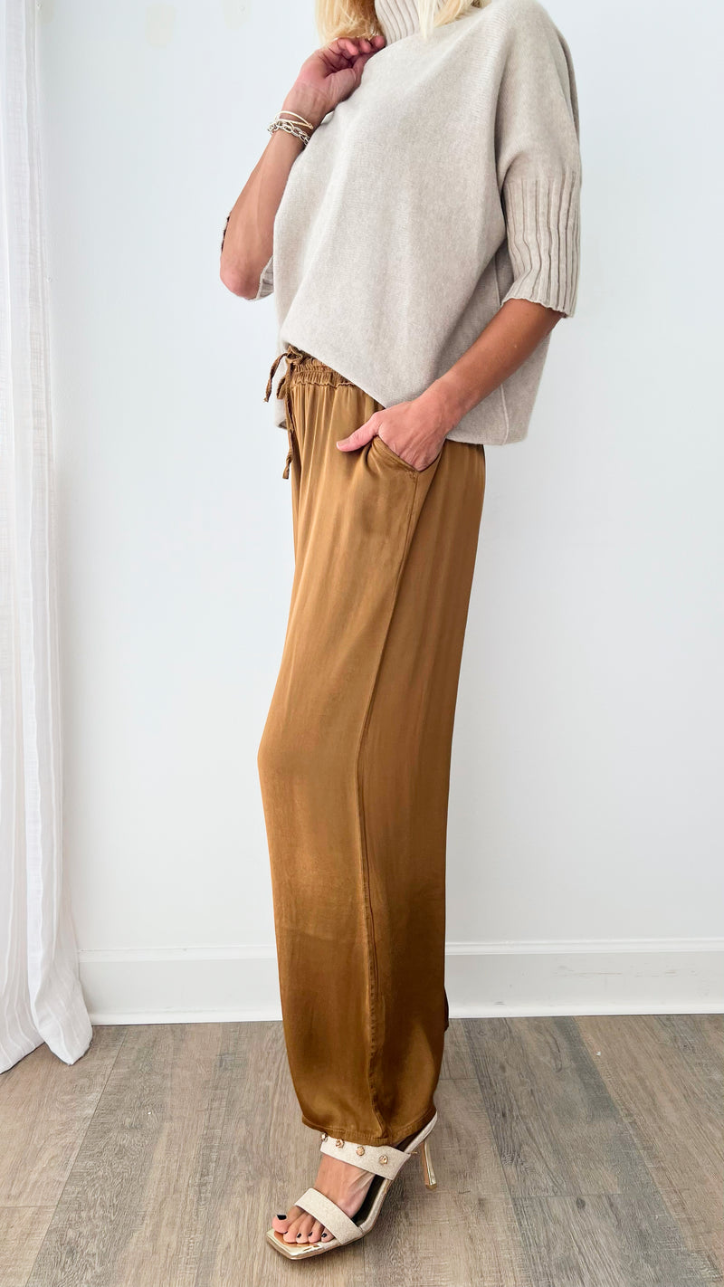 Angora Italian Satin Pant - Camel-170 Bottoms-Germany-Coastal Bloom Boutique, find the trendiest versions of the popular styles and looks Located in Indialantic, FL