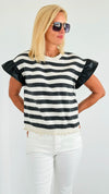 Ruffled Sleeves Striped Top-110 Short Sleeve Tops-VOY-Coastal Bloom Boutique, find the trendiest versions of the popular styles and looks Located in Indialantic, FL