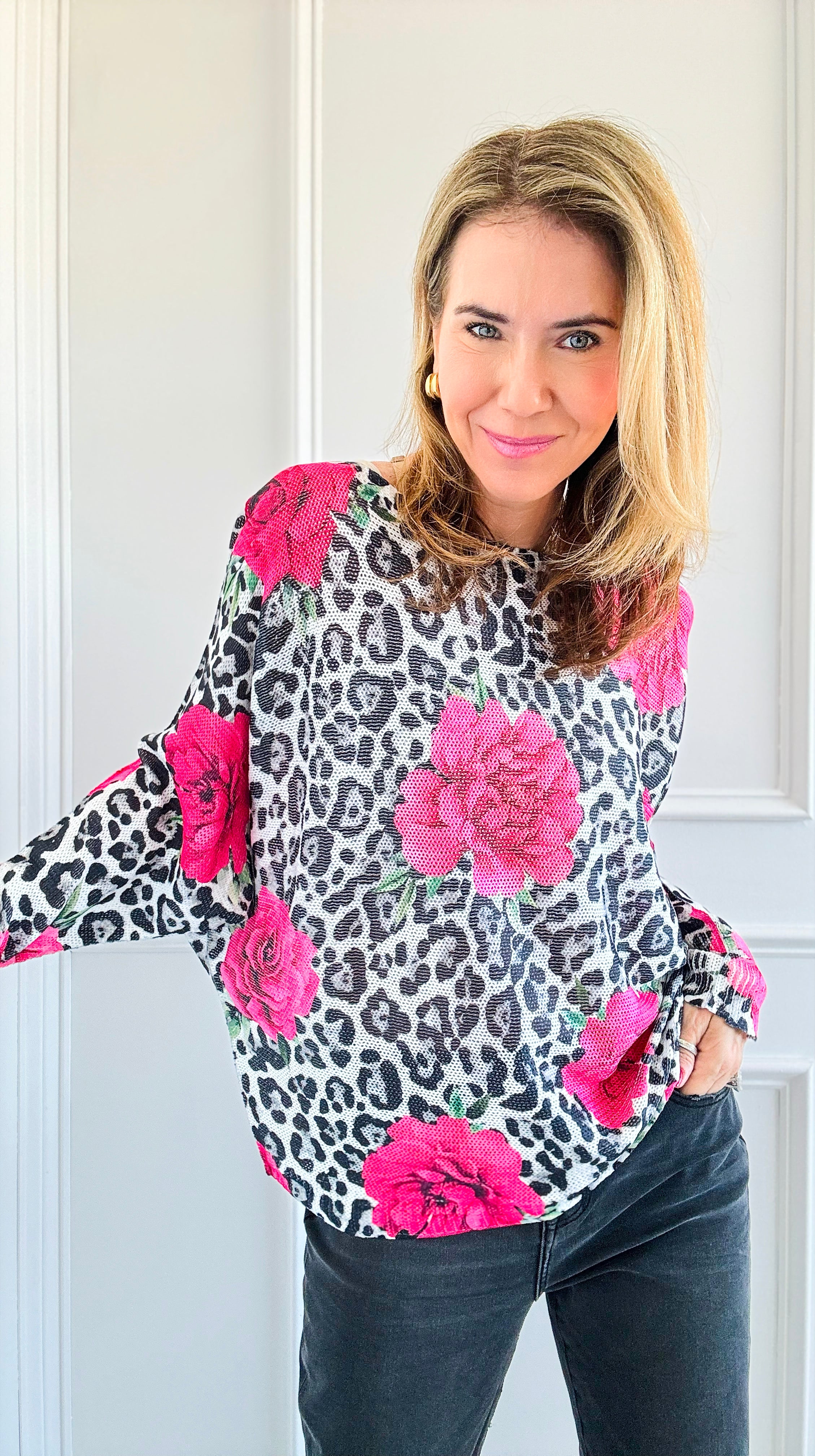 Wild Floral Italian St Tropez Knit- Fuchsia-140 Sweaters-Italianissimo-Coastal Bloom Boutique, find the trendiest versions of the popular styles and looks Located in Indialantic, FL