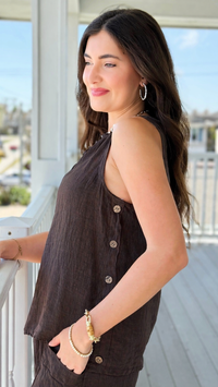 Breezy Coast Linen Italian Sleeveless Top- Chocolate