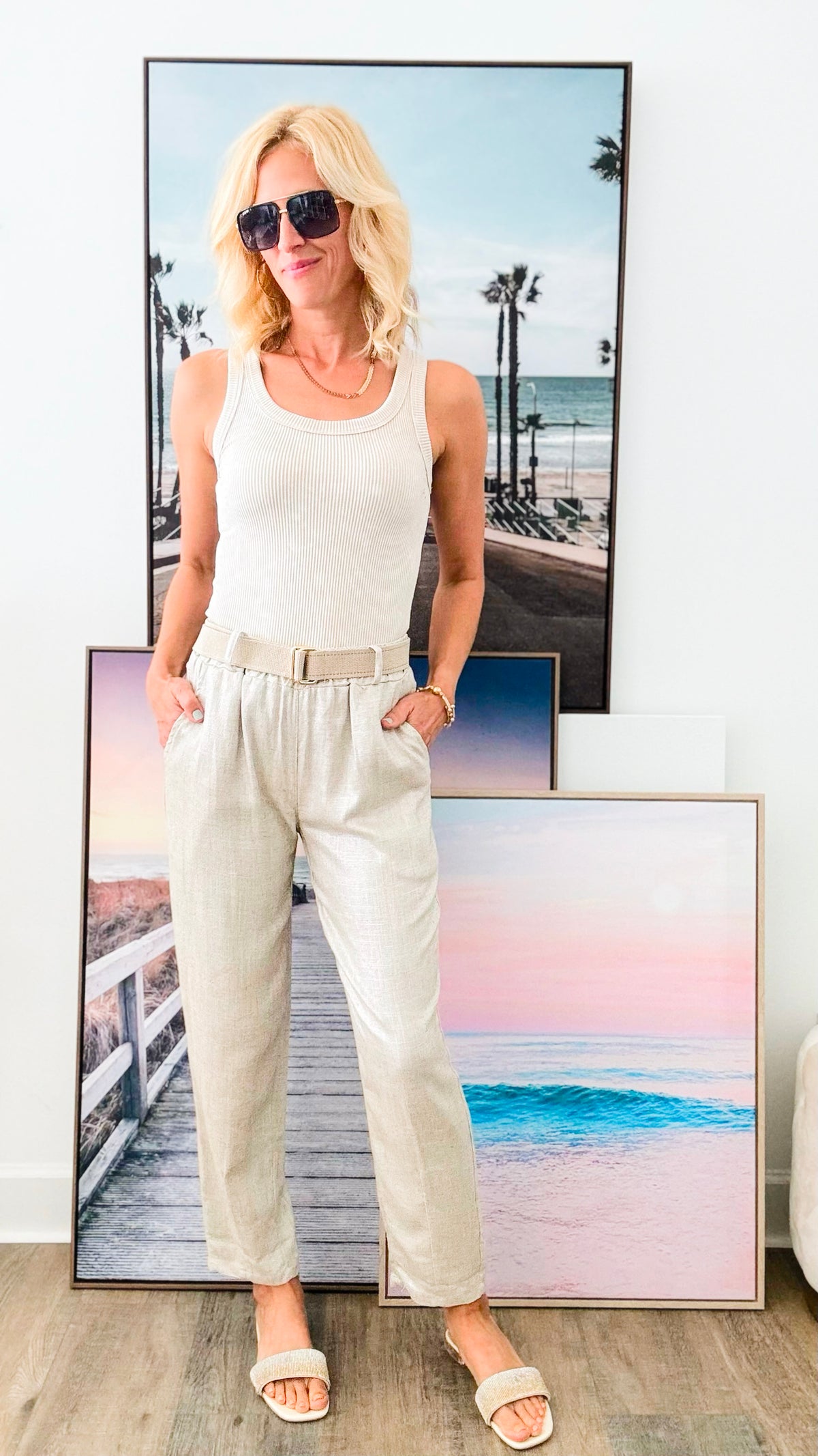 Luminescent Linen Italian Pant - Beige/Silver-pants-Germany-Coastal Bloom Boutique, find the trendiest versions of the popular styles and looks Located in Indialantic, FL
