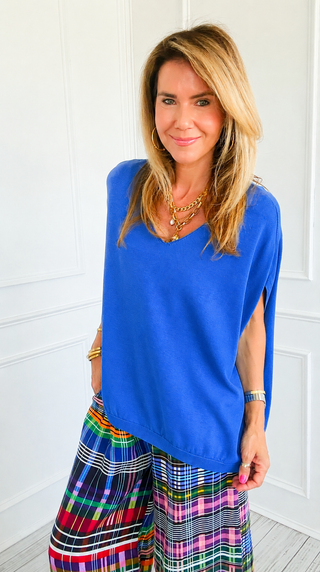 Quiet Luxury Max V- Neck Sleeveless Italian Knit Top- Cobalt Blue