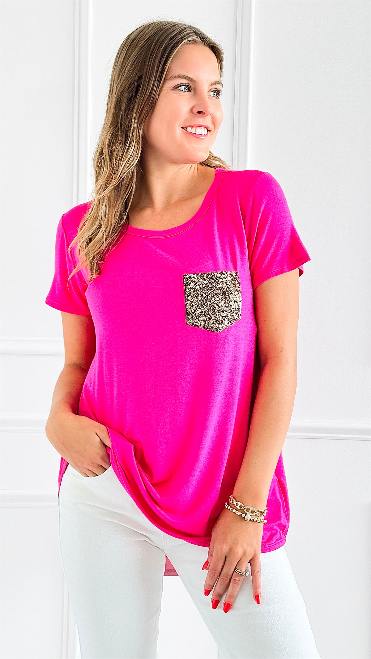 Sparkle Accent Casual Top-110 Short Sleeve Tops-Heimish-Coastal Bloom Boutique, find the trendiest versions of the popular styles and looks Located in Indialantic, FL