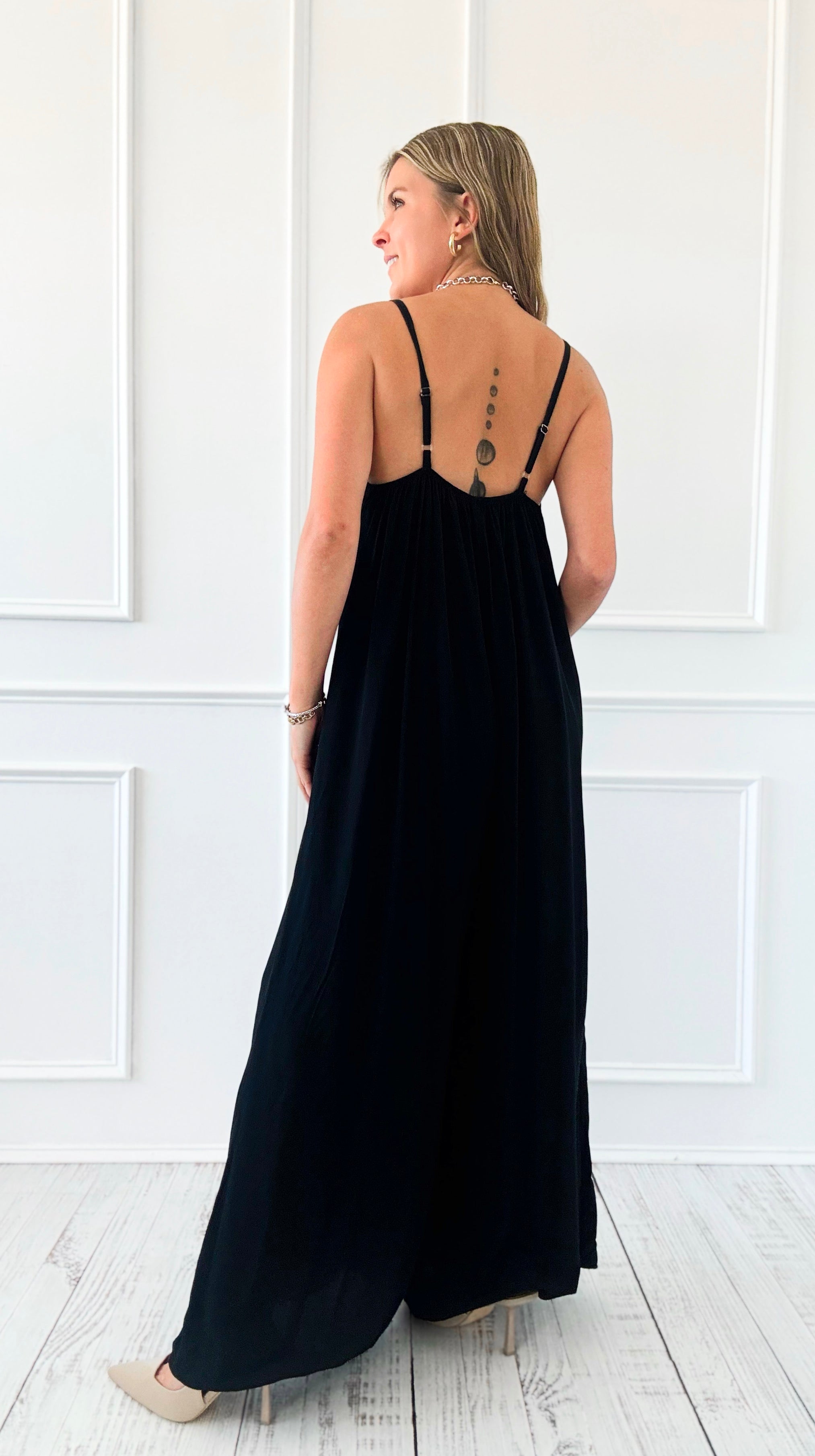 Italian V-Neck Jumpsuit - Black-200 dresses/jumpsuits/rompers-V6-Coastal Bloom Boutique, find the trendiest versions of the popular styles and looks Located in Indialantic, FL