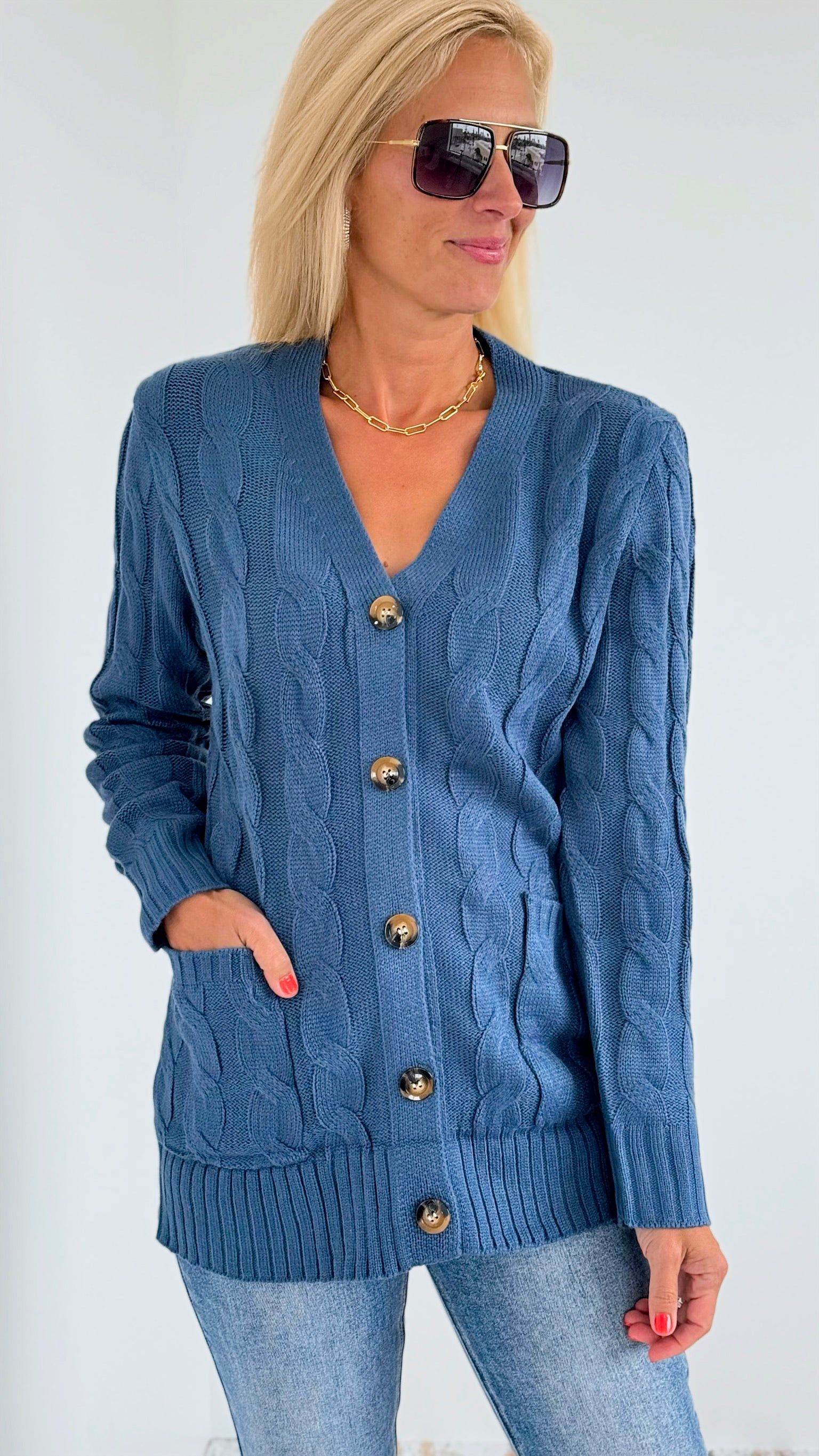 Open Front Cable Knit Cardigan - Dark Blue-150 Cardigans/Layers-On Blue-Coastal Bloom Boutique, find the trendiest versions of the popular styles and looks Located in Indialantic, FL