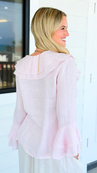 Ruffle Charm Cascade Linen Italian Button Top- Light Pink
