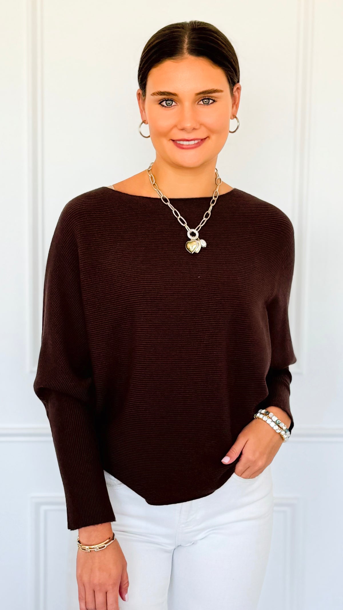 Ribbed Italian Pullover- Chocolate-140 Sweaters-Italianissimo-Coastal Bloom Boutique, find the trendiest versions of the popular styles and looks Located in Indialantic, FL