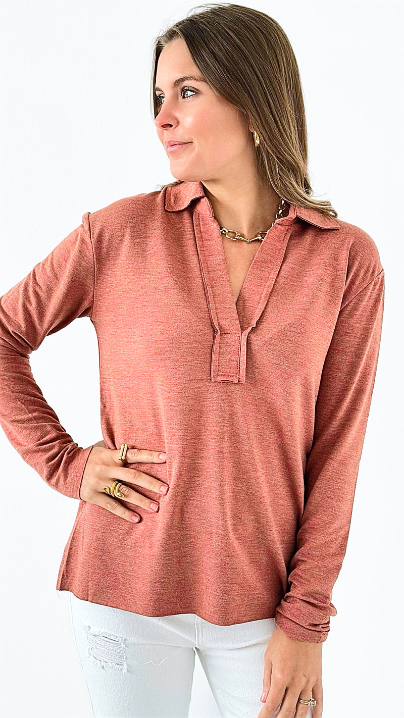 Cozy Collared V-Neck Top- Rust-100 Sleeveless Tops-mystree-Coastal Bloom Boutique, find the trendiest versions of the popular styles and looks Located in Indialantic, FL