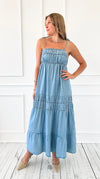 Coastal Chambray Tie Strap Maxi Dress-200 Dresses/Jumpsuits/Rompers-Blu Pepper-Coastal Bloom Boutique, find the trendiest versions of the popular styles and looks Located in Indialantic, FL